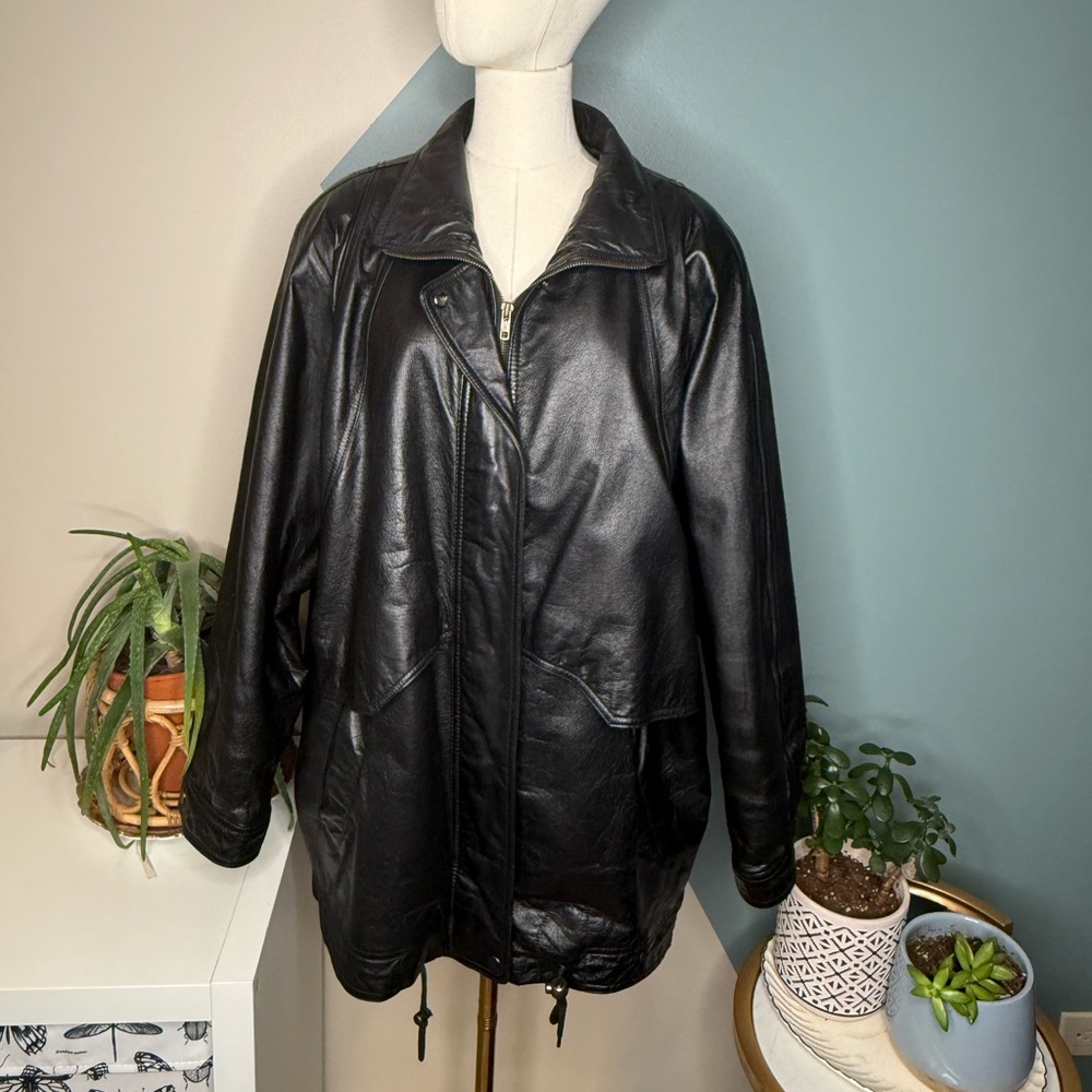 Vintage 90s Oversized Black Genuine Leather Coat L Minimalist Longline Y2K - Picture 2 of 13